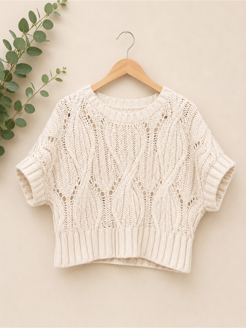 By Together Ivory Cable Knit Short Sleeve Sweater